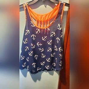 CROP TOP nautical blue and coral sheer lace top